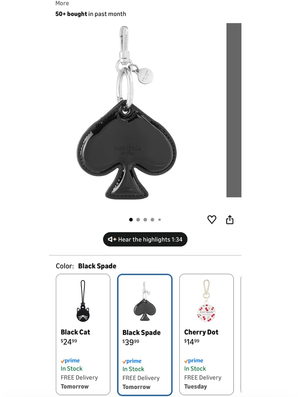 kate spade black patent spade charm keychain with silver hardware